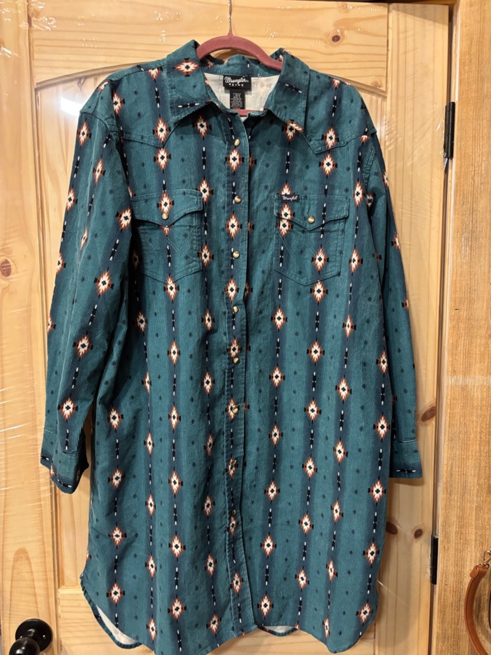 Wrangler Teal Southwestern-Print Longline Jean Jacket